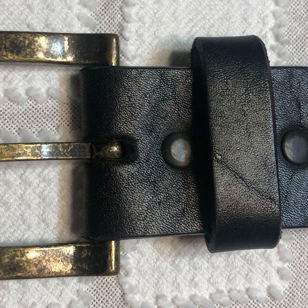 Leather belt, eagle imprint design, color dark brown, EUC, fits waistband 34-36"